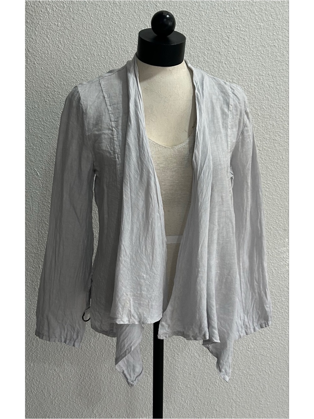 Tempo Paris Women’s Light Gray Linen Draped Open Cardigan Size Medium Lagenlook